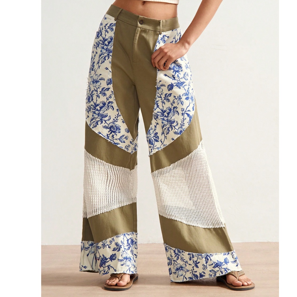 Boho Floral Print Mesh Color Block Stretchy Waist Wide Leg Denim Pants